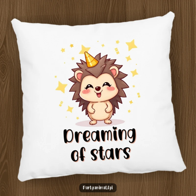 Funny pillow featuring a joyful hedgehog character surrounded by glittering party stars, offering cozy comfort and a touch of whimsical humor.