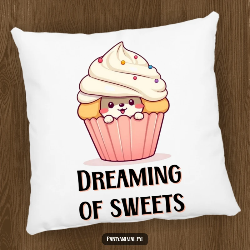 Soft funny pillow with a mischievous animal character peeking from behind a giant cupcake, providing comfort and sweet, playful vibes.