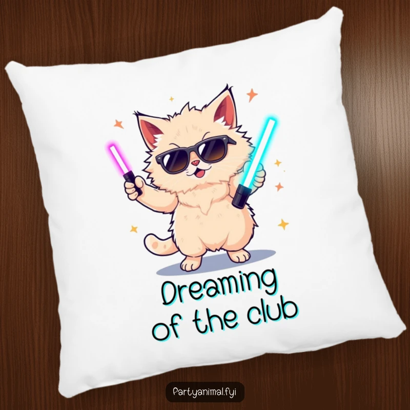 Funny decorative pillow featuring a cool cat in sunglasses dancing wildly with bright glow sticks, adding humor to any room.