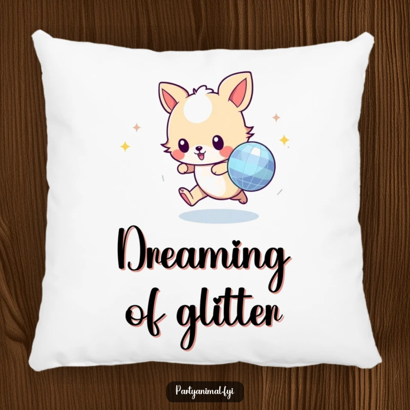 Funny animal character in a dynamic pose, reaching for a disco ball, on a soft, comforting pillow for a humorous touch.