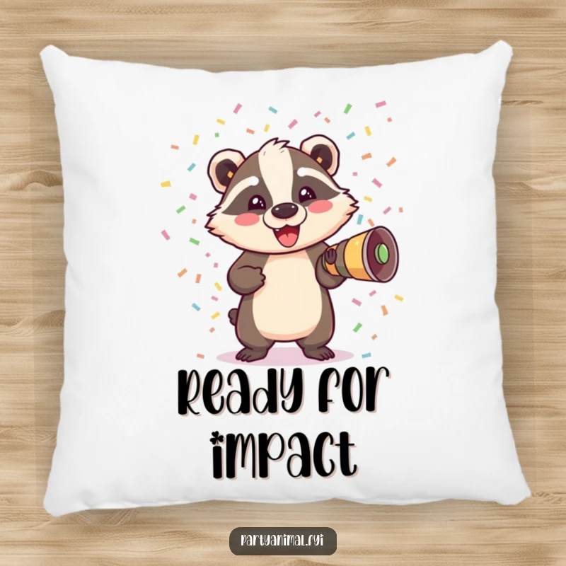 Funny Badger Pillow: A delighted badger emerges from a confetti cannon, bringing a cozy touch of celebratory fun and humor.
