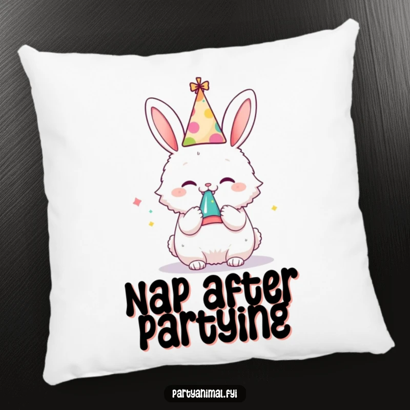 Funny pillow with a fluffy bunny character in a party hat, blowing a noisemaker with joy, designed for comfort and holiday cheer.