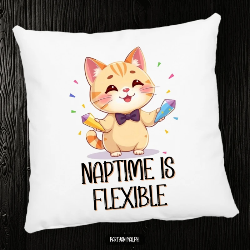 Funny pillow featuring a dapper cat in a bow tie, juggling three colorful confetti cones with an amused expression, perfect for comfort.