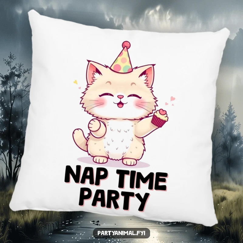 Funny Pillow featuring a fluffy cat in a party hat, juggling small cupcakes, ideal for cozying up.