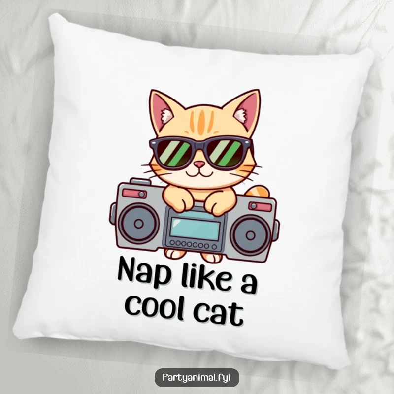Funny pillow featuring a cat wearing sunglasses, poised on a boombox, bringing a cool, stylish vibe to any room.