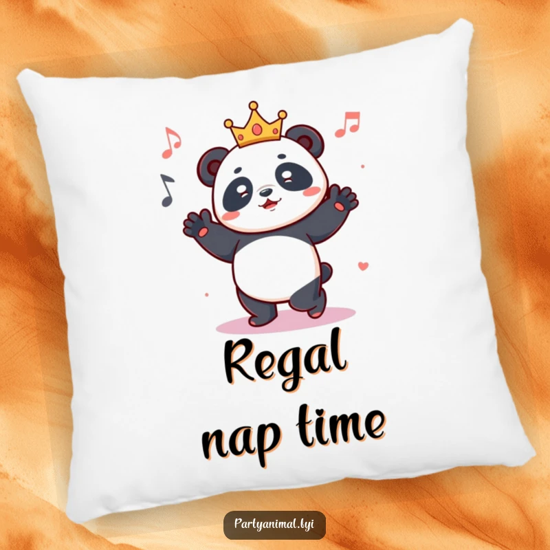 Funny throw pillow featuring a joyful panda wearing a tiny crown, grooving to music with its limbs extended in a dance pose.