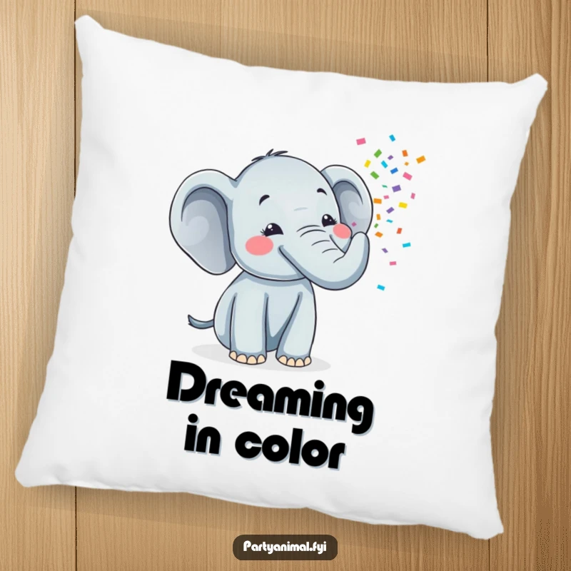 Funny pillow featuring a cheerful elephant character blowing a vibrant stream of confetti from its trunk, perfect for cozying up.