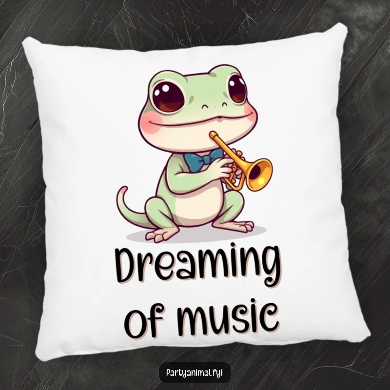 Funny pillow featuring a dapper gecko wearing a tiny bow tie, playing a miniature trumpet, perfect for cozy relaxation.