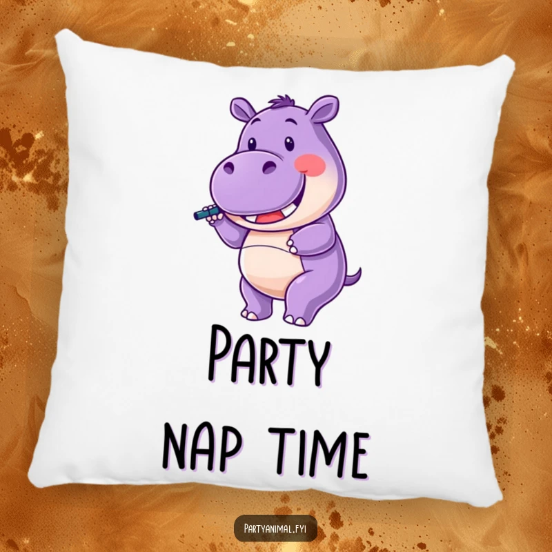 Funny Pillow showcasing a purple hippo character happily twirling a noisemaker with a wide smile, perfect for festive comfort.