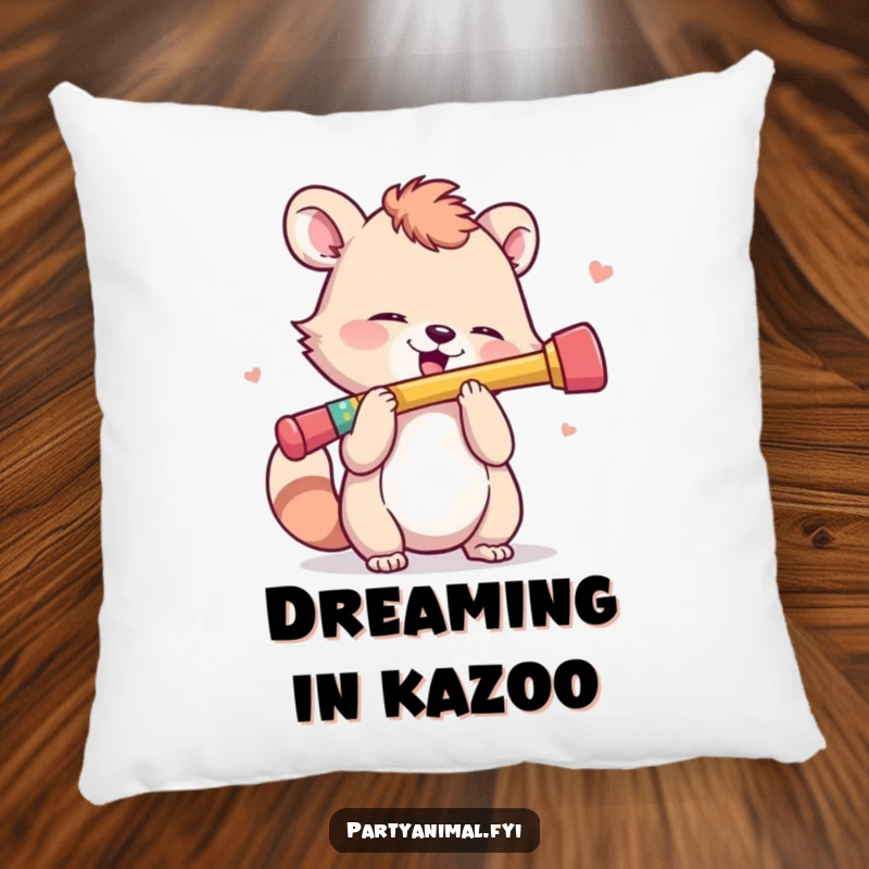 Funny Pillow: An animal character enthusiastically plays a tiny, colorful kazoo, adding musical cheer.