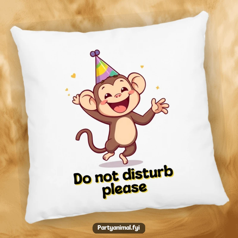 Funny monkey wearing a silly party hat, dancing wildly on a pillow, offering plush comfort and humorous vibes for any couch or bed, a funny gift.