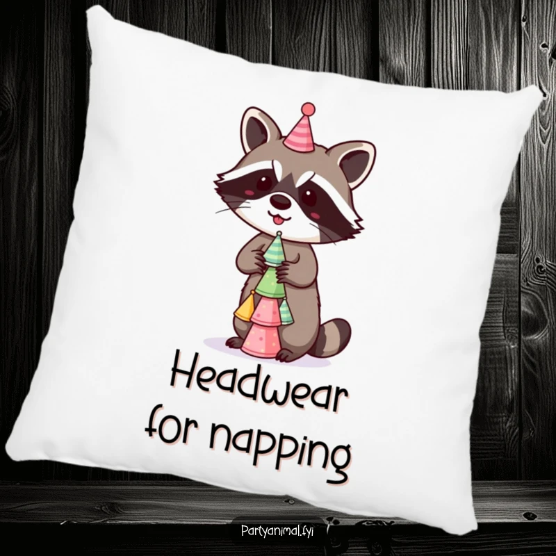 Funny Pillow designed with a mischievous raccoon balancing a stack of tiny party hats, offering plush comfort and a touch of whimsical fun.