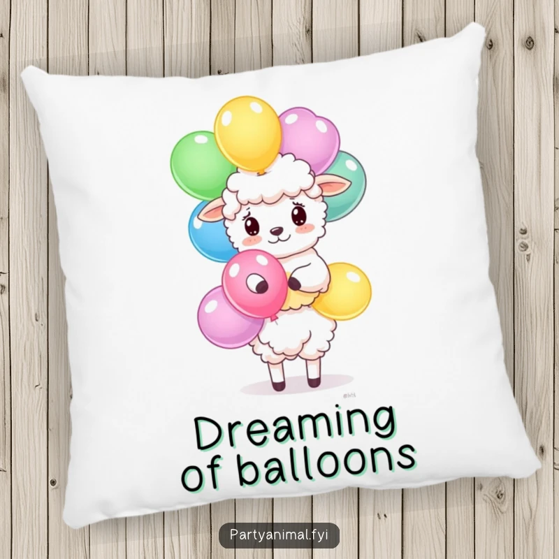 Funny sheep pillow featuring a fluffy character balancing a stack of colorful balloons, bringing comfort and fun.