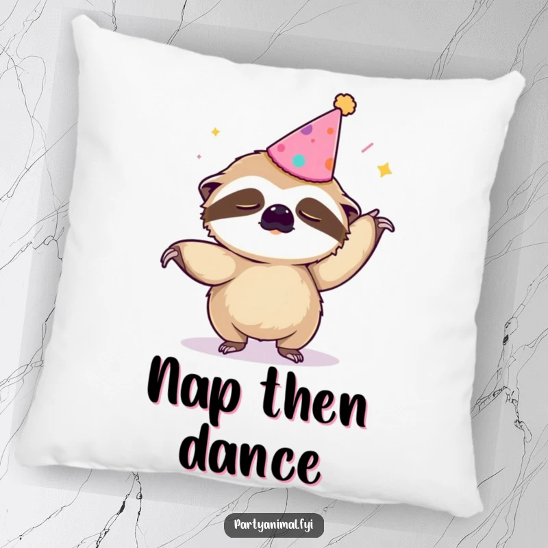 Funny decorative pillow featuring a sleepy sloth in a party hat doing the Macarena, ideal for adding comfort and humor.