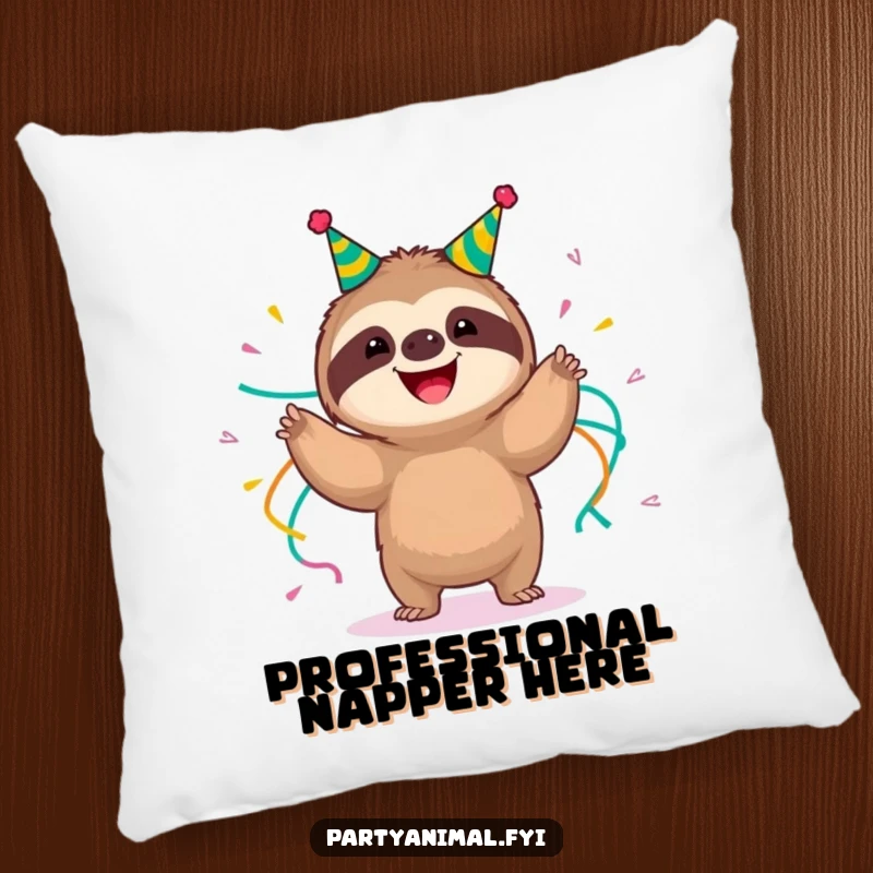 Funny happy sloth wearing party streamers, slow-motion shimmying on a pillow, offering plush comfort and relaxed humorous vibes, a perfect funny gift.