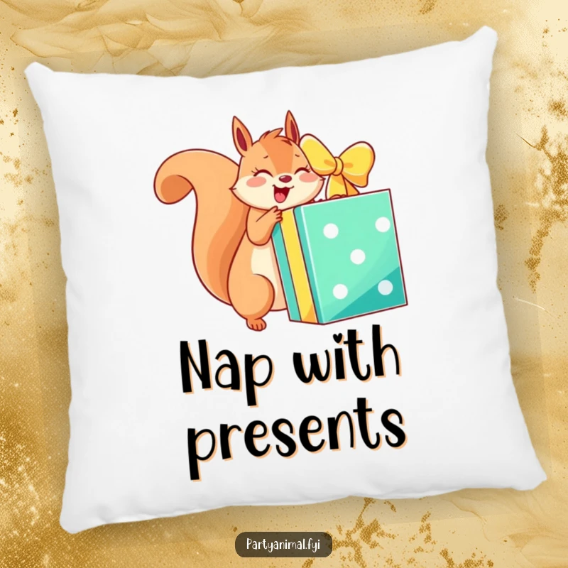 Funny pillow featuring an energetic squirrel character unwrapping a giant, colorful gift box, offering comfort and excited humor.