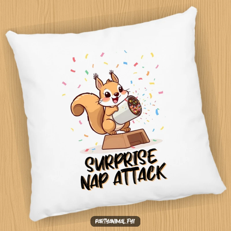 Funny playful squirrel launching from a giant confetti cannon on a pillow, offering plush comfort and explosive humorous vibes, a perfect funny gift.