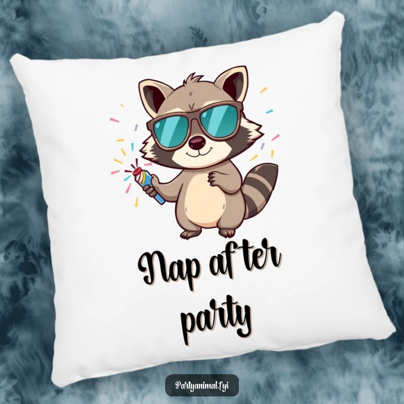 Funny pillow featuring a mischievous raccoon in sunglasses holding a confetti popper, adding a fun accent.