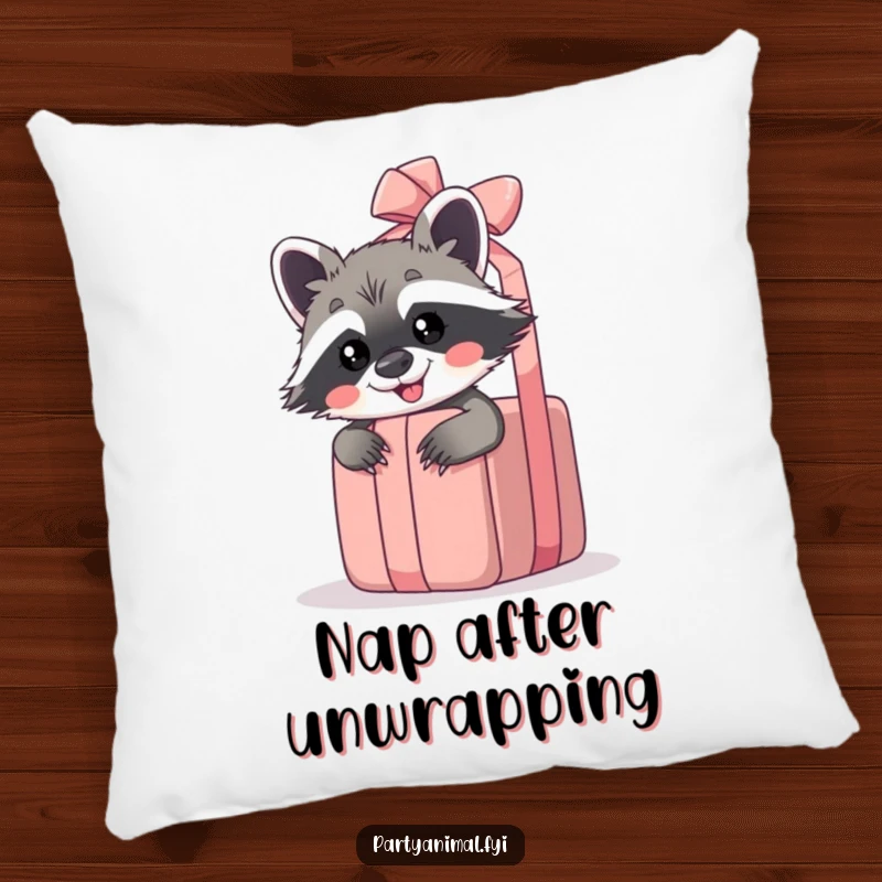 Funny raccoon pillow featuring a giggling raccoon peeking from behind a large unwrapped gift, perfect for comfort and fun.