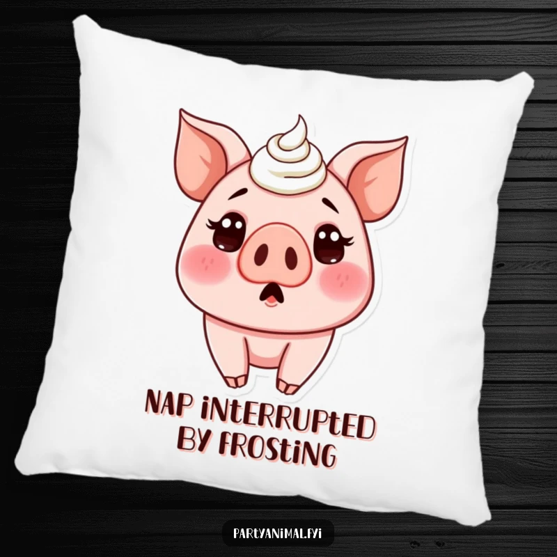 Funny decorative pillow showcasing a surprised pig character with a large amount of cake frosting smeared all over its nose, looking adorable.