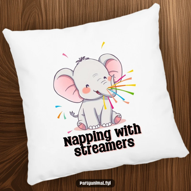 Funny Kawaii Elephant Pillow: A cute elephant spraying streamers, perfect for cozying up with festive joy.