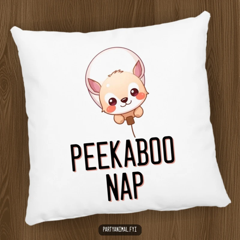 Funny pillow showing a curious animal character peeking from behind a colorful balloon, perfect for decor.