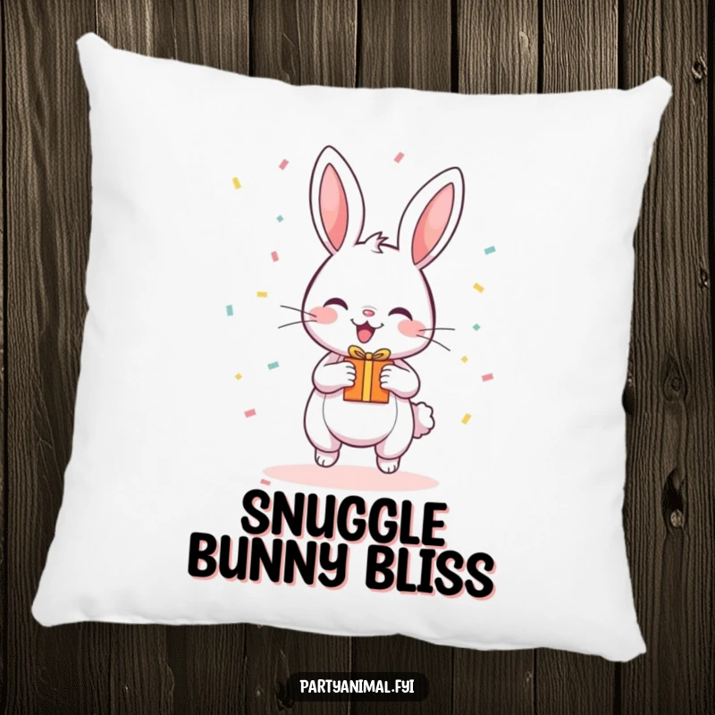 Funny Pillow featuring a happy, bouncing bunny amidst falling confetti and holding a small gift.
