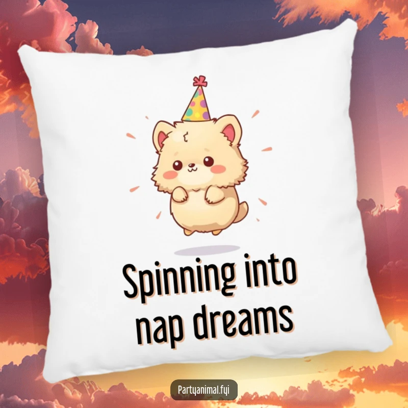 Funny Pillow: A tiny, fluffy animal character in a party hat spins with energetic delight, perfect for adding cheer.