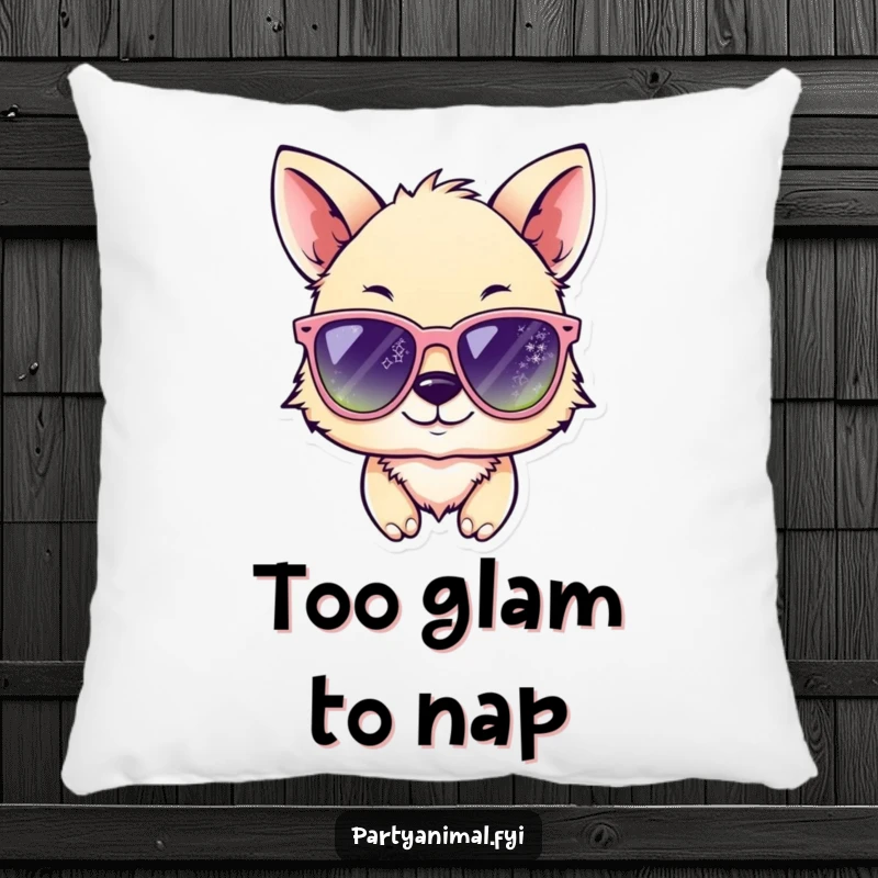 Soft funny pillow displaying an animal character winking in oversized, sparkling sunglasses, offering comfort and hilarious, cool vibes.