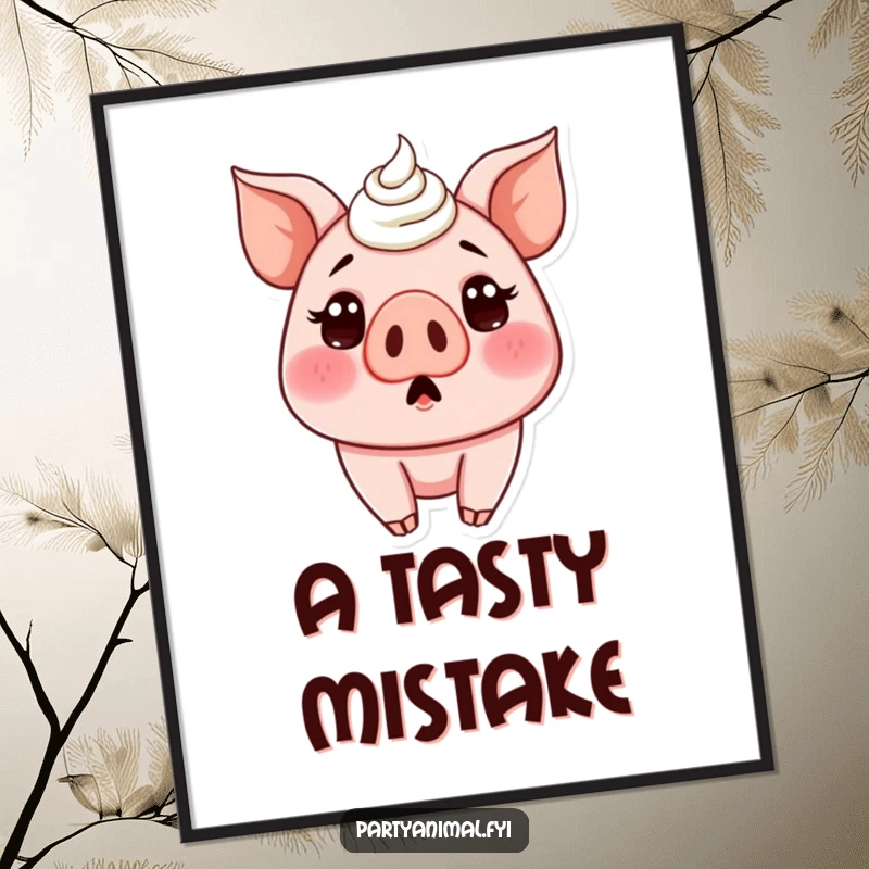 Funny digital art of a surprised pig character with its nose and snout completely covered in delicious cake frosting, looking comical.