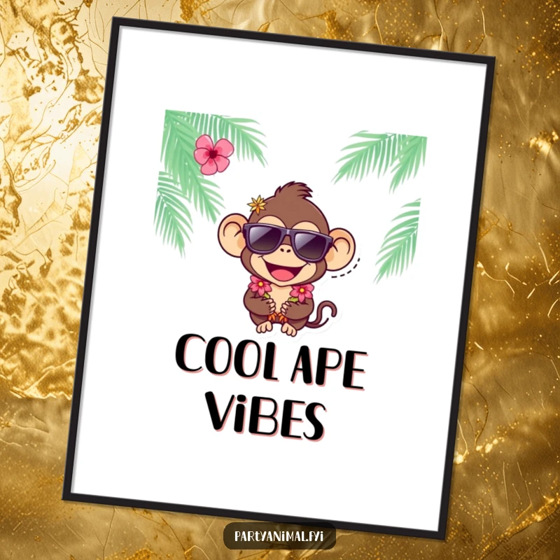 Funny joyful monkey character wearing sunglasses and a lei in a vibrant, humorous digital art print.
