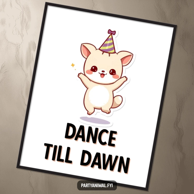 Funny Digital Art Print: A cute animal character dancing in a party hat, offering instant festive vibes and cheerful decor.