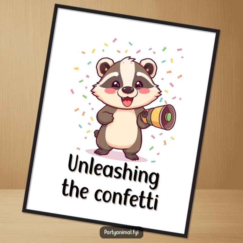 Funny Badger Digital Art Print: A delighted badger bursts from a confetti cannon, creating an exhilarating and colorful celebratory image.