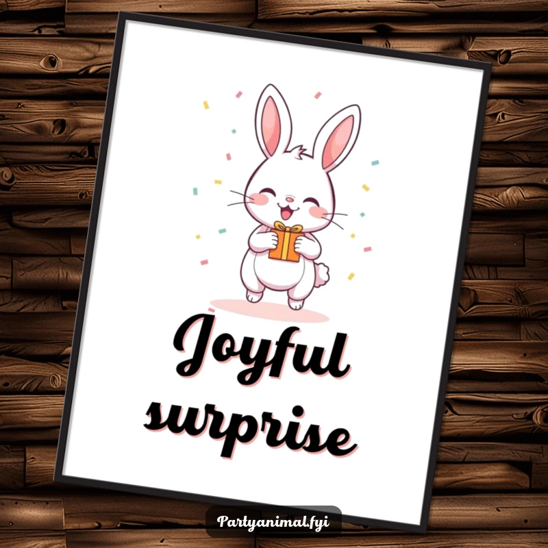Funny Digital Art featuring a happy, bouncing bunny surrounded by confetti and holding a small gift.
