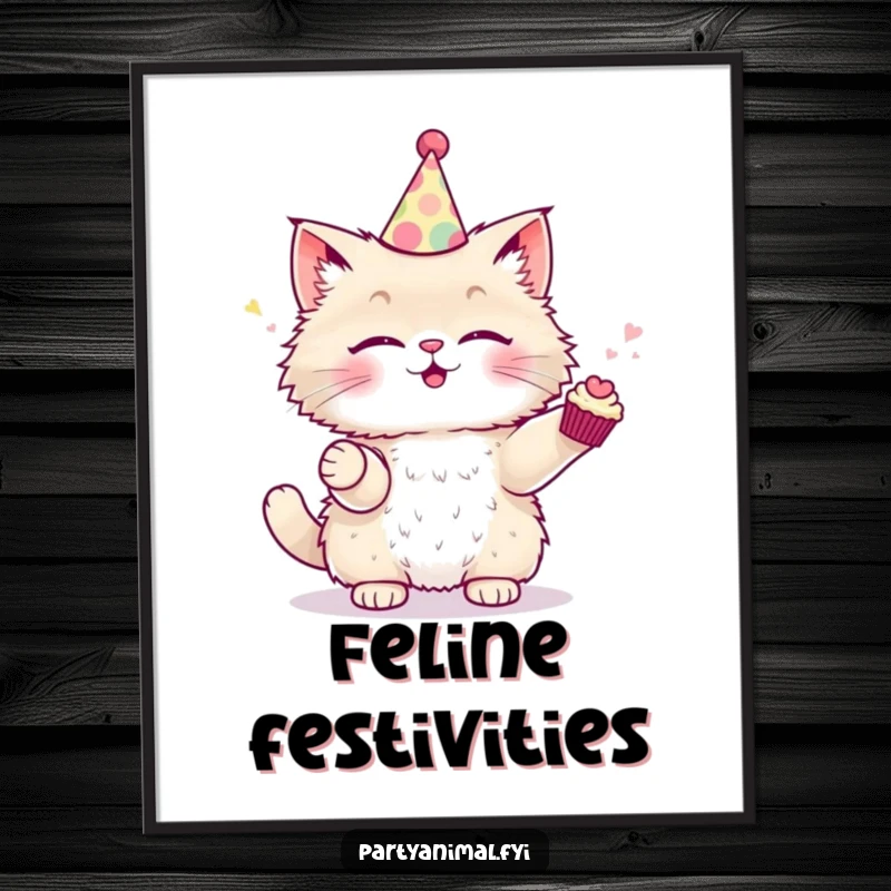 Funny Digital Art featuring a fluffy cat in a party hat, skillfully juggling miniature cupcakes.