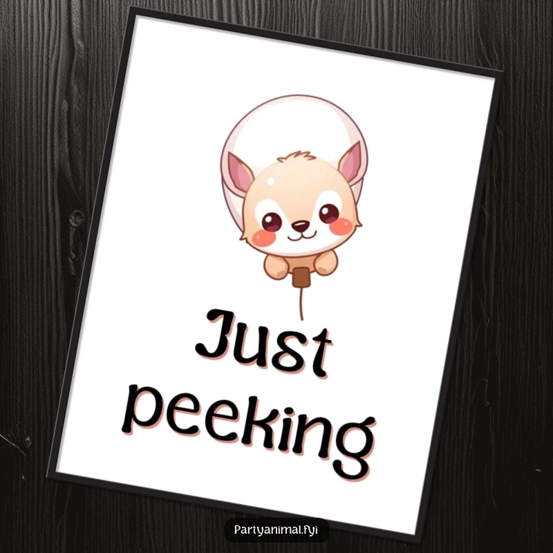 Funny digital art print of a curious animal character peeking out from behind a large, colorful balloon.