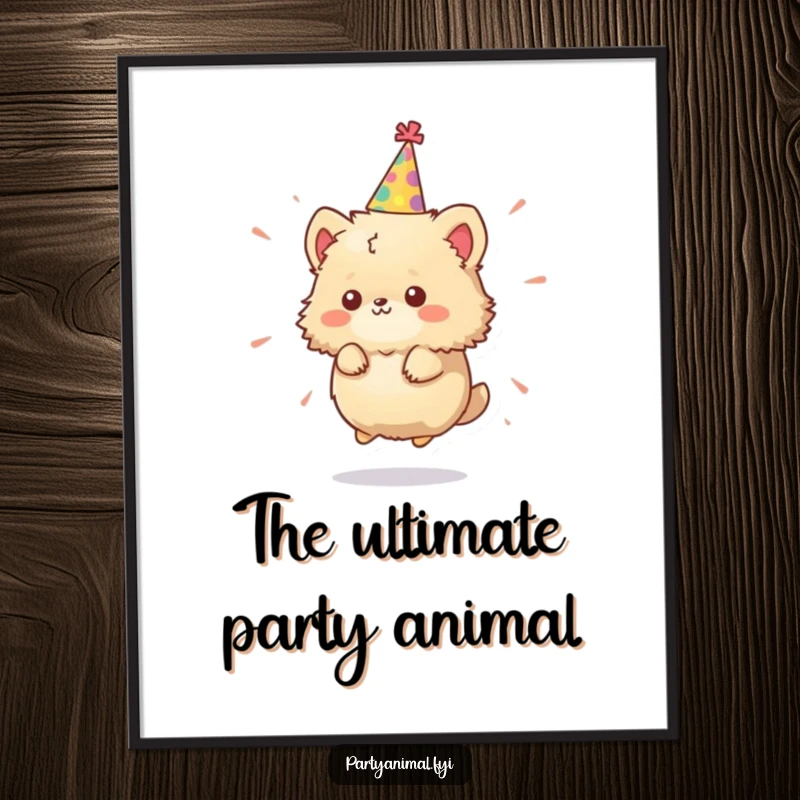 Funny Digital Art Print: A tiny, fluffy animal character in a party hat spins with wild abandon, capturing pure joy.