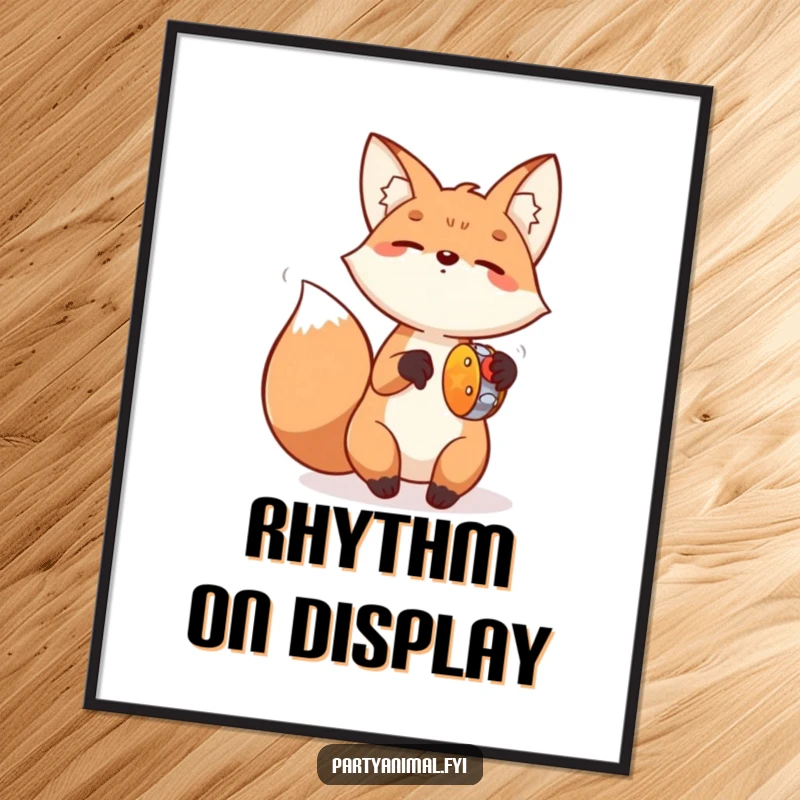 Funny Fox Tambourine Digital Art Print: A joyful fox enthusiastically plays a tiny tambourine with energetic paw movements, capturing pure musical delight digitally.