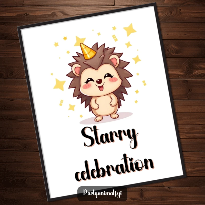 Funny digital art print of a joyful hedgehog surrounded by shimmering party stars, radiating instant festive cheer and celebratory sparkle.