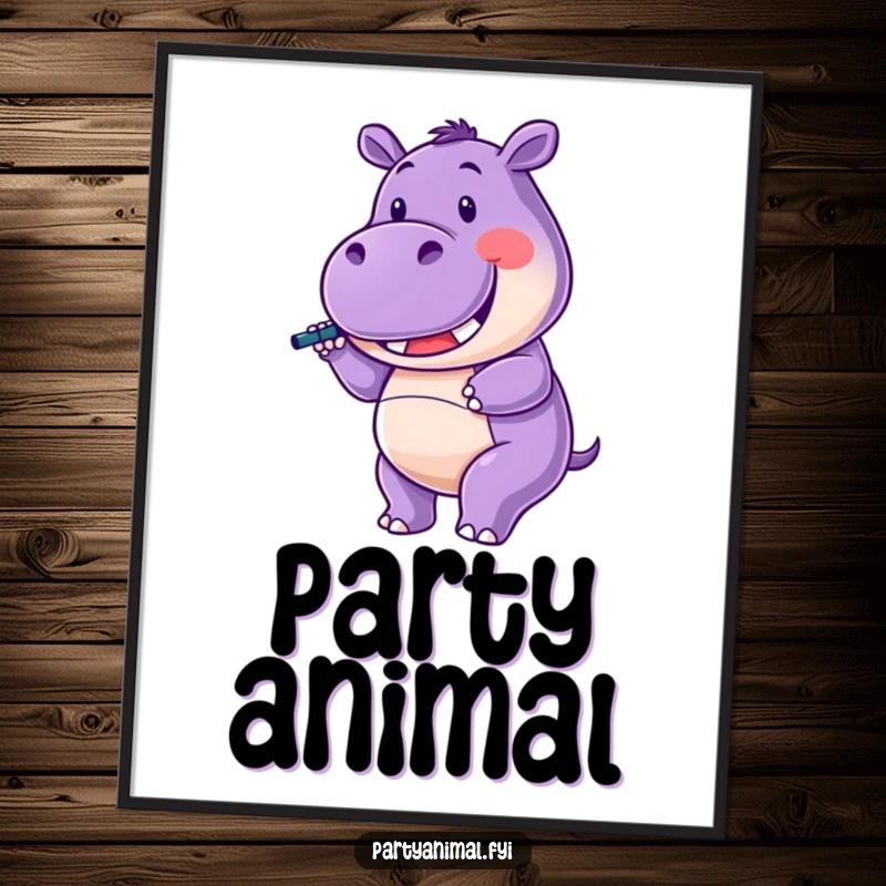Funny Digital Art Print of a purple hippo character happily twirling a noisemaker with a wide, infectious smile.