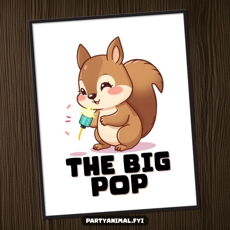 Funny Kawaii Squirrel Digital Art: Cute squirrel examining a glowing party popper, instant whimsical and humorous wall art.