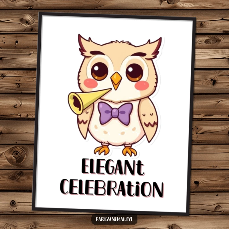 Funny Digital Art featuring a happy owl in a bow tie, joyfully blowing a party horn.