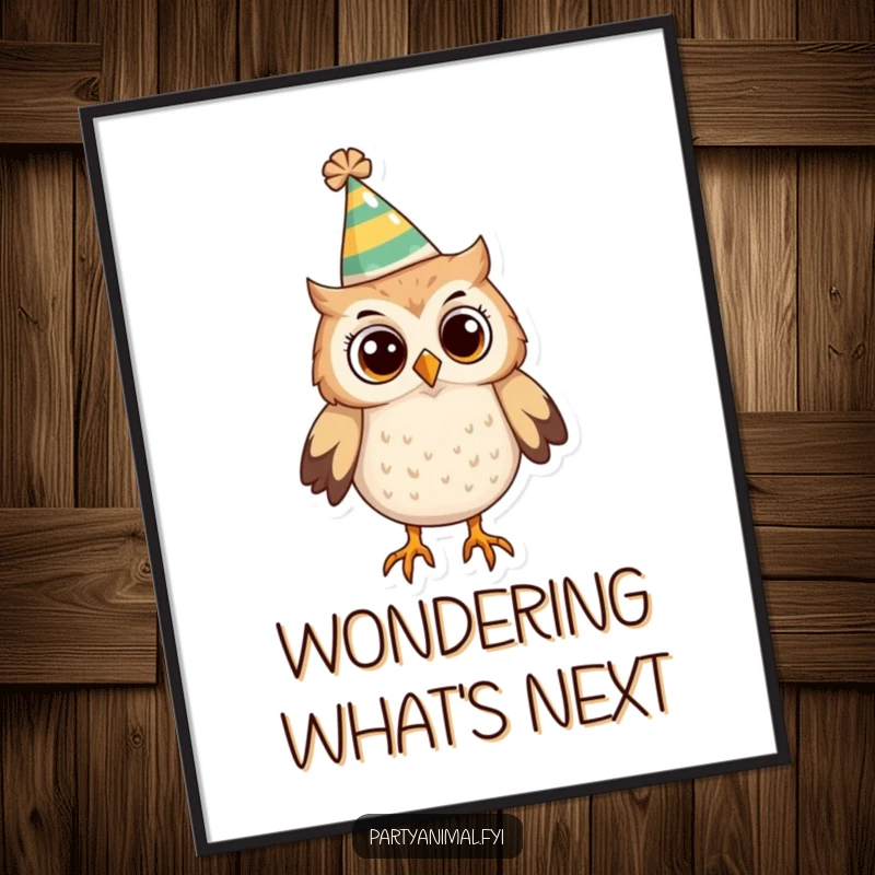 Funny Owl Digital Art Print: A curious owl wearing a funny party hat looks around, exuding playful intrigue and whimsical charm.
