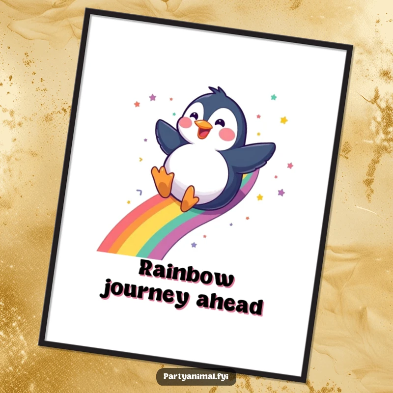 Funny gleeful penguin sliding down a rainbow with a confetti trail, digital art print for instant whimsical decoration, perfect for adding joy, a funny gift.