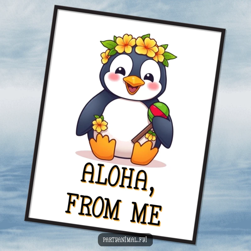 Funny digital art print of a cheerful penguin in a lei shaking maracas, bringing tropical party energy to walls.