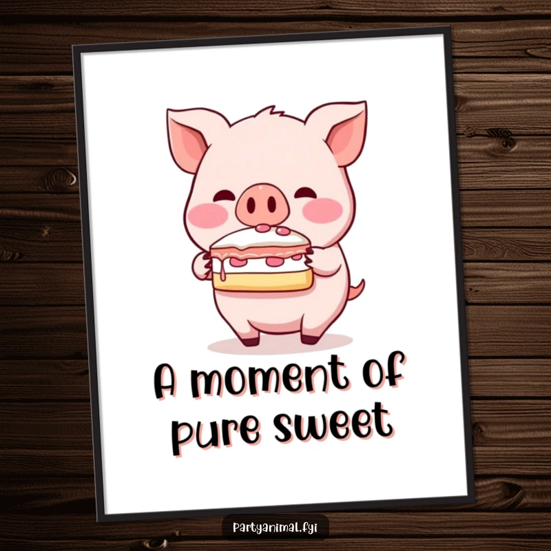 Funny pig digital art print, a blushing character balancing a slice of cake on its snout, exuding sweetness, perfect for decor.
