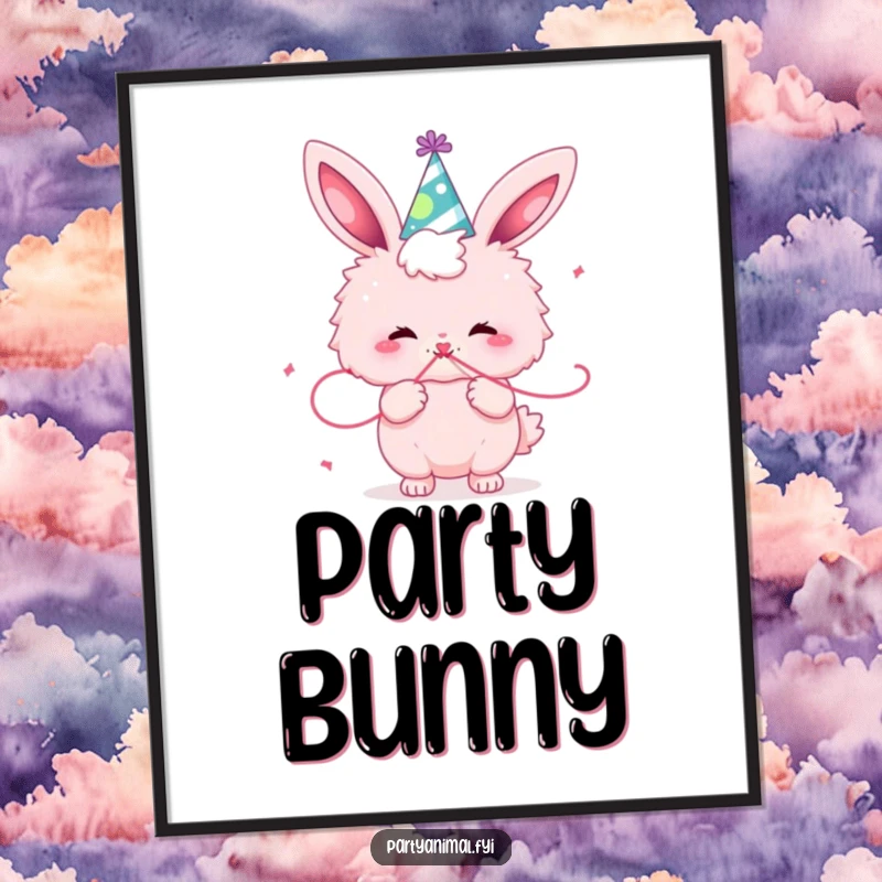 Funny fluffy pink bunny character in a party hat, joyfully blowing a streamer, a digital artwork radiating festive fun.