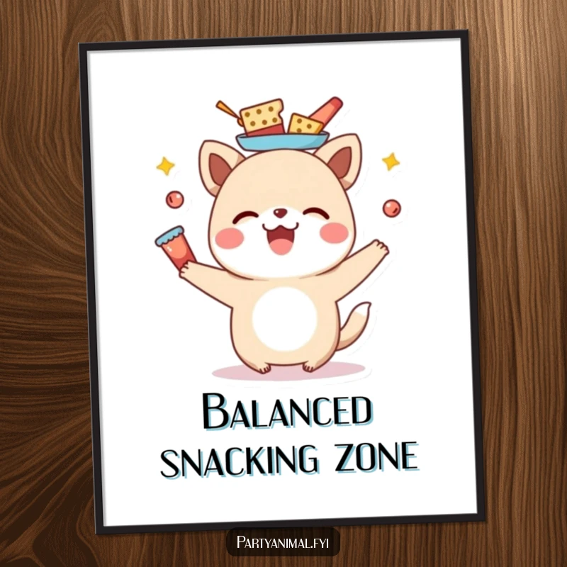 Funny animal character balancing a delightful array of snacks on its head, a downloadable digital art print for instant humor.
