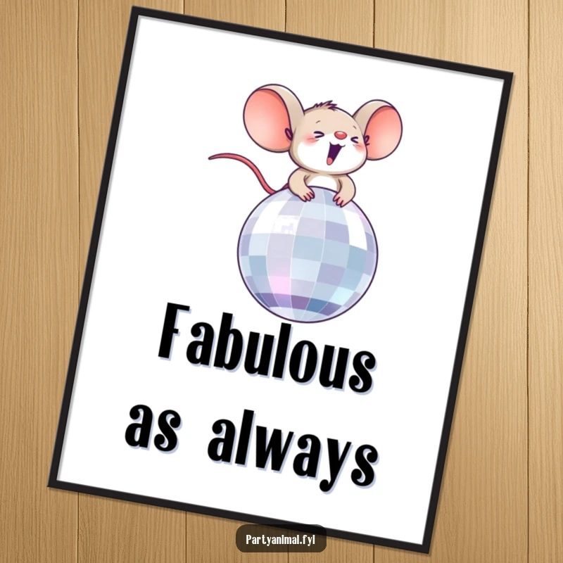 Funny digital art print of a tiny, overjoyed mouse character riding a vibrant disco ball, perfect for instant humorous decor.