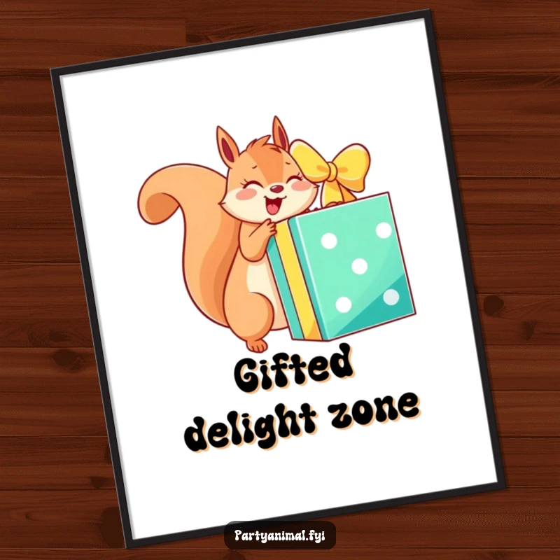 Funny digital art print of an energetic squirrel excitedly unwrapping a giant, brightly colored gift box, perfect for immediate decor.